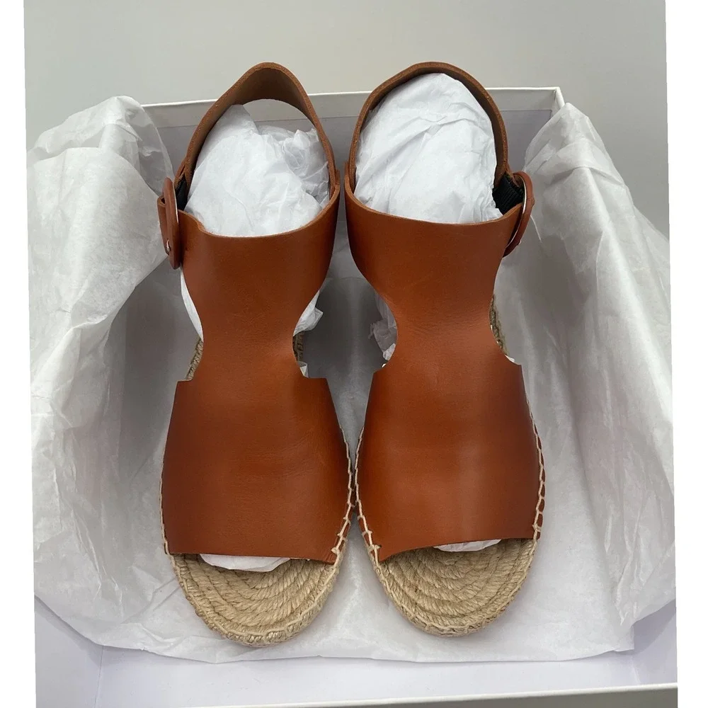 Via‎ Spiga Tan Brown Leather Espadrille Wedge Sandals Platform Buckle Open Toe
